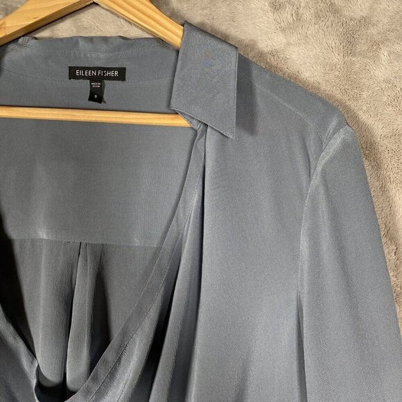 Eileen Fisher Blouse Women Small 100% Silk Crepe de Chine Drape Front Boxy Shirt - Picture 6 of 15